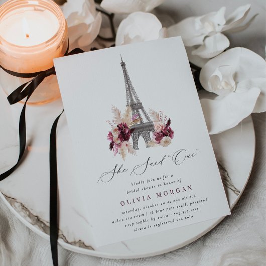 She Said Oui Burgundy Floral Paris Bridal Shower 招待状