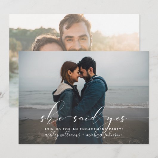 She Said Yes カリグラフィー 婚約パーティー 2枚の写真 招待状 (正面/裏面)