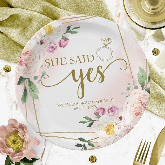 She Said Yes Blush Floral Geometric Bridal Shower ペーパープレート