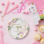 She Said Yes Blush Floral Geometric Bridal Shower ペーパープレート (パーティー)