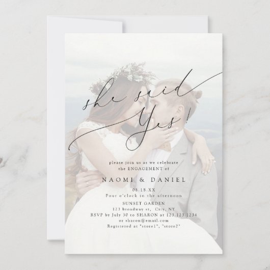 She Said Yes Modern Script Photo Engagement 招待状 (正面)