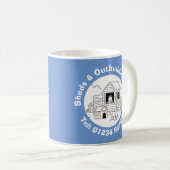 Sheds & Outbuildings Cartoon with Phone Number. コーヒーマグカップ (正面右)