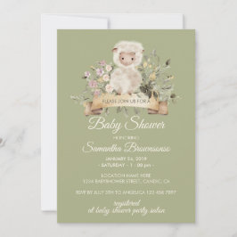 Sheep Cute Botanical Sage Baby Shower 招待状