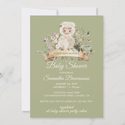 Sheep Cute Botanical Sage Baby Shower 招待状 (正面)
