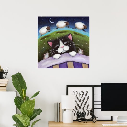 Sheep Dreams Fantasy Cat Art Print ポスター (ホームオフィス)