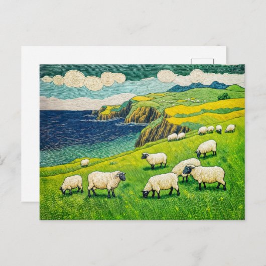 Sheep Grazing by Dramatic Coastal Cliffs シーズンポストカード (正面/裏面)