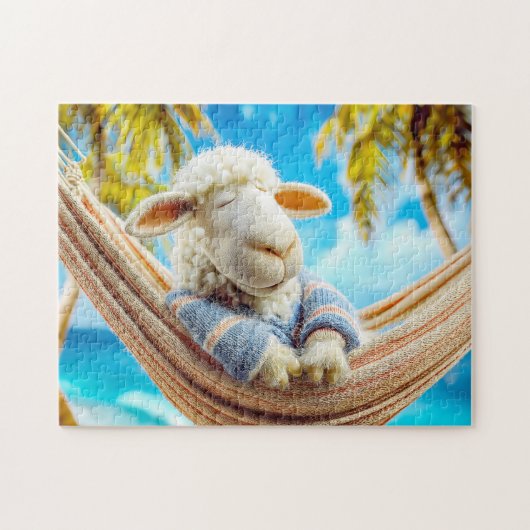 Sheep in hammock under palm tree ジグソーパズル (横)