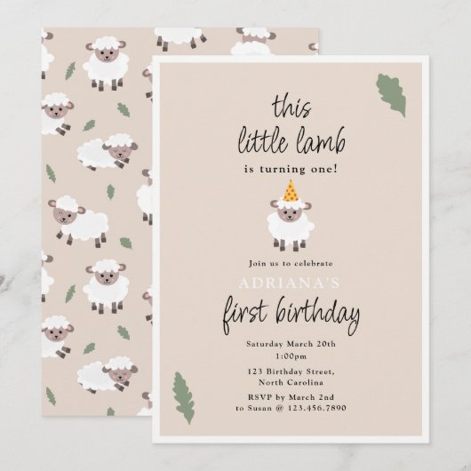 Sheep Lamb Cute Farm Party Animals 1st Birthday 招待状 (正面/裏面)