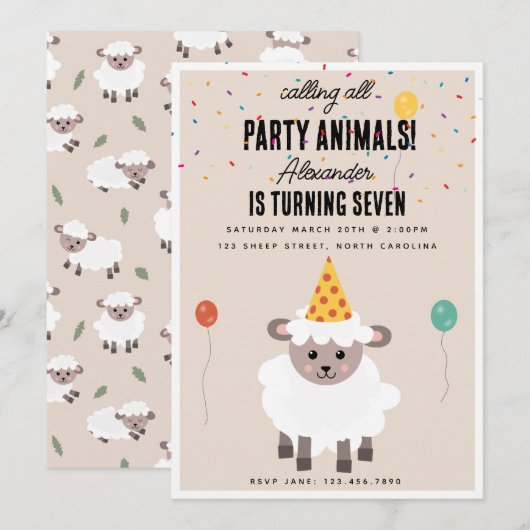 Sheep Lamb Cute Farm Party Animals Birthday 招待状 (正面/裏面)