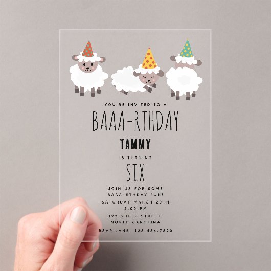 Sheep Lamb Cute Funny Farm Party Animals Birthday アクリル招待状 (インサイチュ (ポータブル))