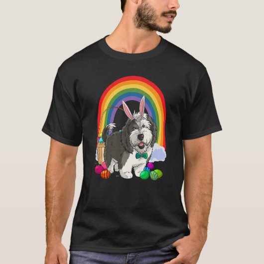 Sheepadoodle Puppy Happy Easter Eggs Bunny Dog Pre Tシャツ (正面)