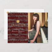 Sheet Music Burgundy写真の卒業発表 案内ポストカード (正面/裏面)