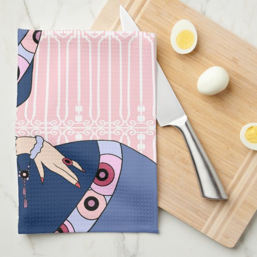 Shelbyのピンクおよび青の20年代のアールデコの女性 キッチンタオル (四つ折り)
