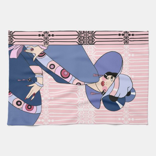 Shelbyのピンクおよび青の20年代のアールデコの女性 キッチンタオル (横)