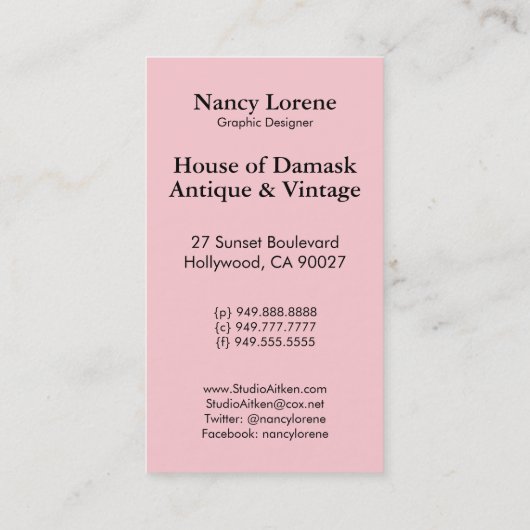 Shelbyのピンクおよび青の20年代のアールデコの女性 名刺 (裏面)