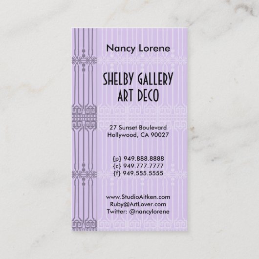 Shelbyのラベンダーおよびワインの30年代の女性 名刺 (裏面)