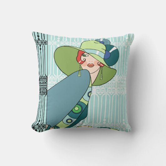 Shelbyの水およびティール（緑がかった色）の20年代の女性 クッション (正面)
