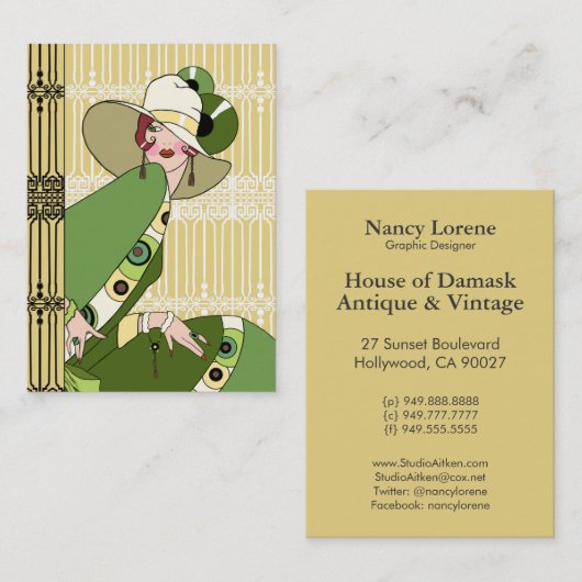 Shelbyの黄色およびオリーブの20年代のアールデコの女性 名刺 (正面/裏面)