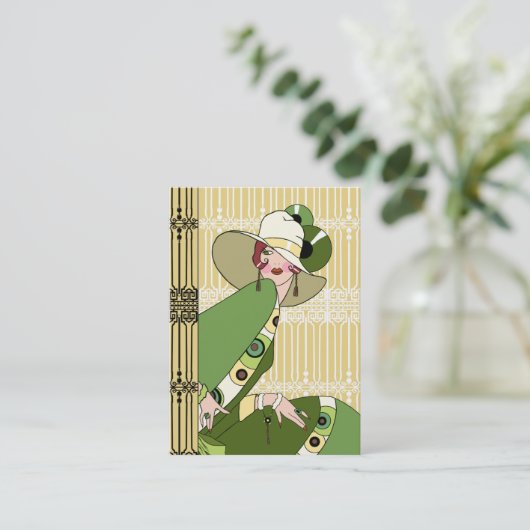 Shelbyの黄色およびオリーブの20年代のアールデコの女性 名刺 (スタンド正面)