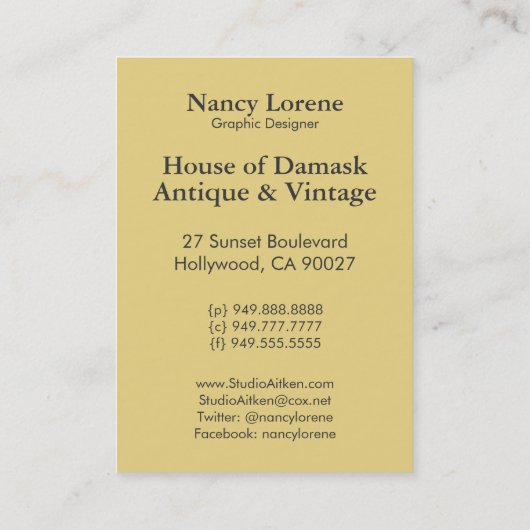 Shelbyの黄色およびオリーブの20年代のアールデコの女性 名刺 (裏面)