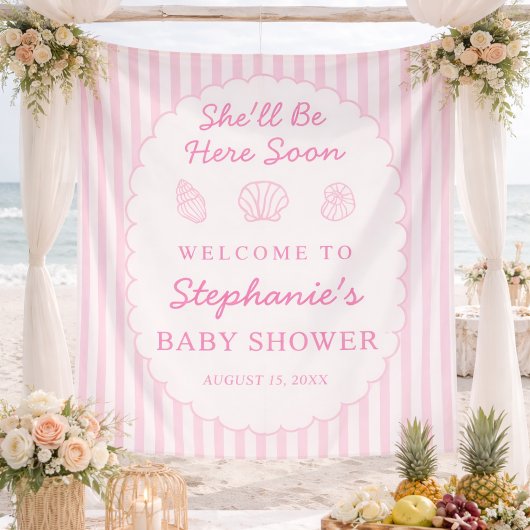Shell Be Here Soon Fabric Baby Shower Welcome Sign タペストリー