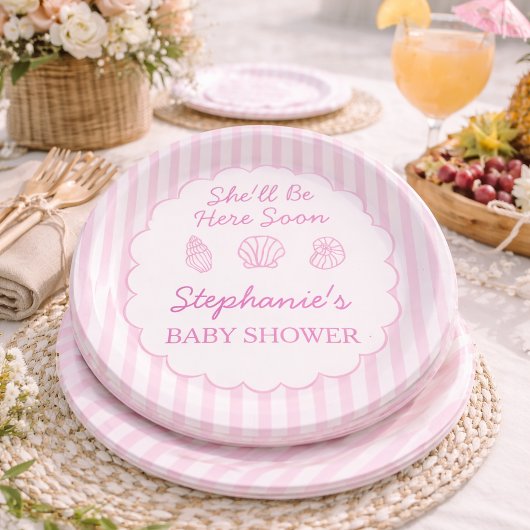 She'll Be Here Soon Pink Sea Shells Baby Shower ペーパープレート