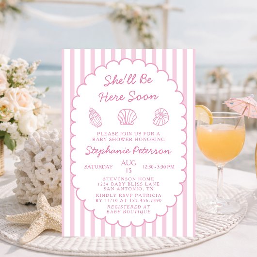 She'll Be Here Soon Sea Shell Girl Baby Shower 招待状