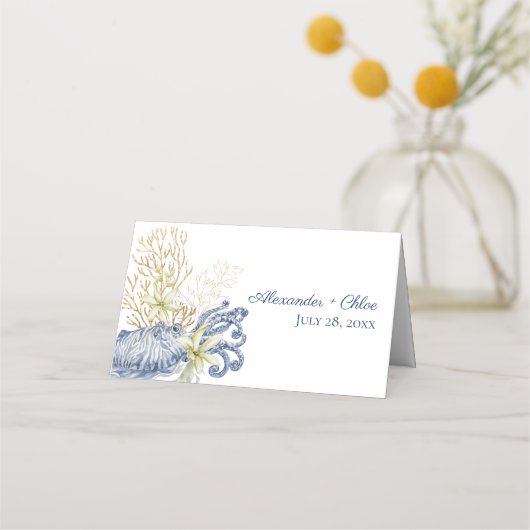 Shell Coastal Blue & Gold Folded Place Card プレイスカード (裏面)