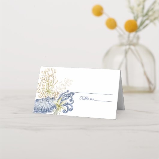 Shell Coastal Blue & Gold Folded Place Card プレイスカード (正面)
