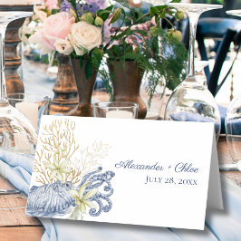 Shell Coastal Blue & Gold Folded Place Card プレイスカード