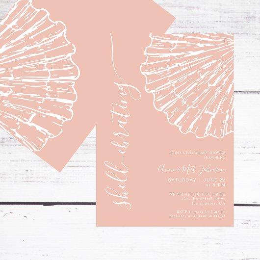 Shell-ebrating Coastal Pink Shell Girl Baby Shower 招待状