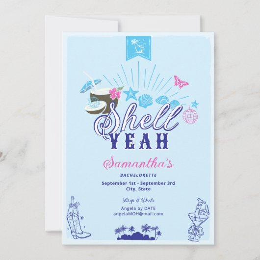 Shell Hand Drawn Something Blue Beach Bachelorette 招待状 (正面)