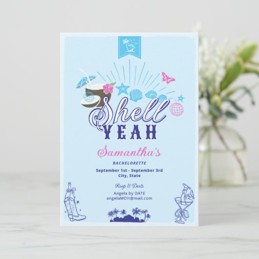 Shell Hand Drawn Something Blue Beach Bachelorette 招待状 (スタンド正面)