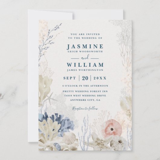 Shell Sketches Elegant Modern Chic QR Code Wedding 招待状 (正面)