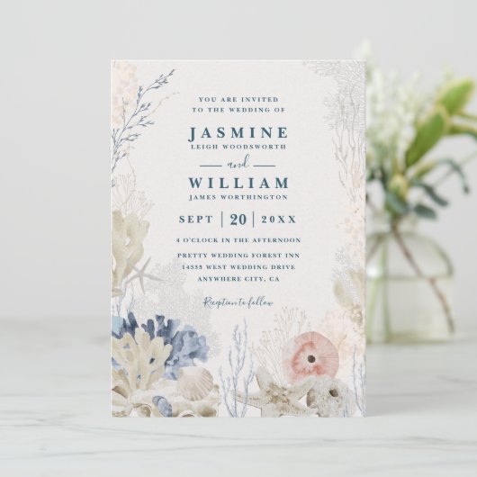 Shell Sketches Elegant Modern Chic QR Code Wedding 招待状 (スタンド正面)