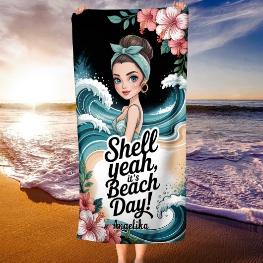 Shell Yeah It’s Beach Day Blue Ocean Wave ビーチタオル