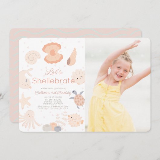 Shellebrate Seashellピンク誕生日写真 招待状 (正面/裏面)