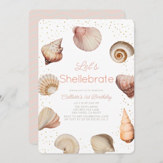 Shellebrate Seashell Realistic 1st Birthday 招待状 (正面/裏面)
