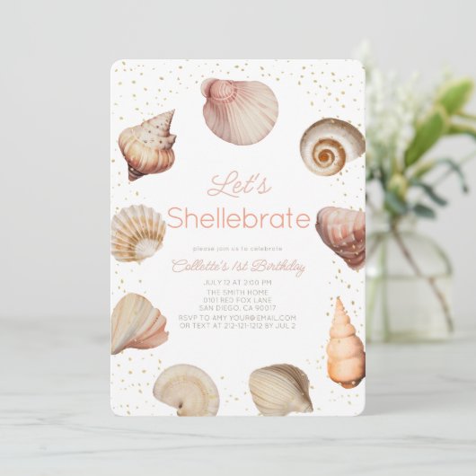 Shellebrate Seashell Realistic 1st Birthday 招待状 (スタンド正面)