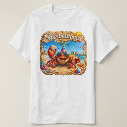 Shellsational Vibes – Joyful Crab Beach Art Tシャツ (デザイン正面)