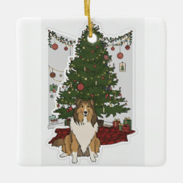 Sheltie by Christmas tree セラミックオーナメント