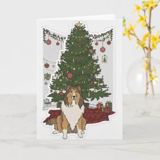 Sheltie by the Christmas tree カード (黄色い花)