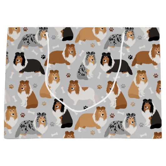 Sheltie Dog Bones and Paws Large Gift Bag ラージペーパーバッグ (正面)
