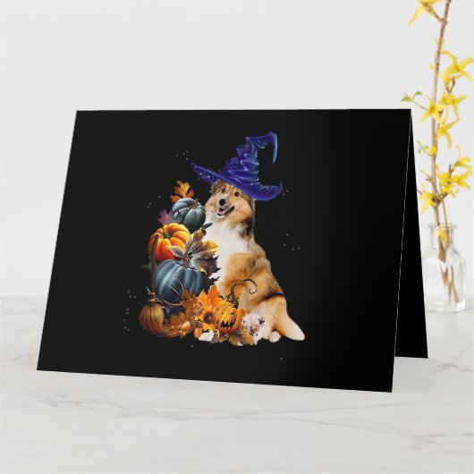 Sheltie Dog Witch And Pumpkins Halloween Thanksgiv カード (黄色い花)