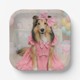 Sheltie in pink dress ペーパープレート
