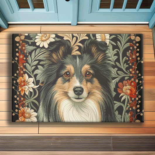 Sheltie or Collie Dog in William Morris Style ドアマット