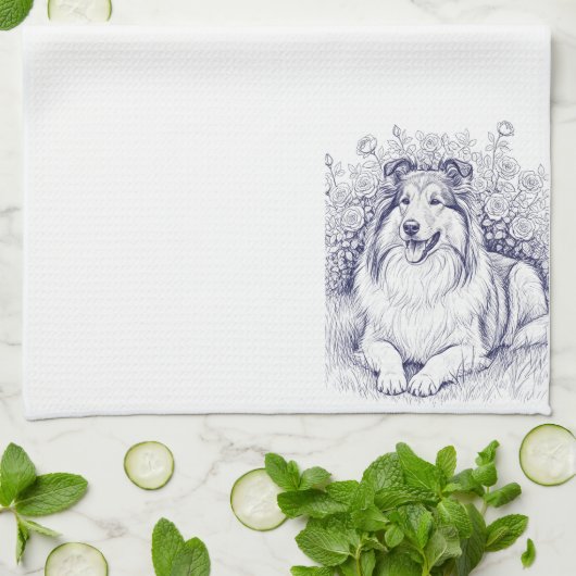 Sheltie Sketch with Rose Bush キッチンタオル (折り畳み)