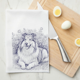 Sheltie Sketch with Rose Bush キッチンタオル