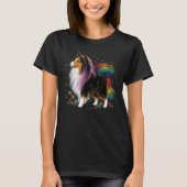Sheltie Unicorn on Rainbow Unicorn Shetland Sheepd Tシャツ (正面)