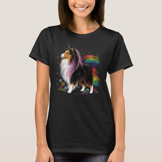 Sheltie Unicorn on Rainbow Unicorn Shetland Sheepd Tシャツ (正面)